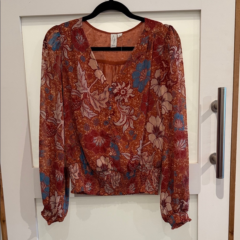 Joie Rust Floral V-Neck Long Sleeve Blouse with Blue Accents - Never Worn